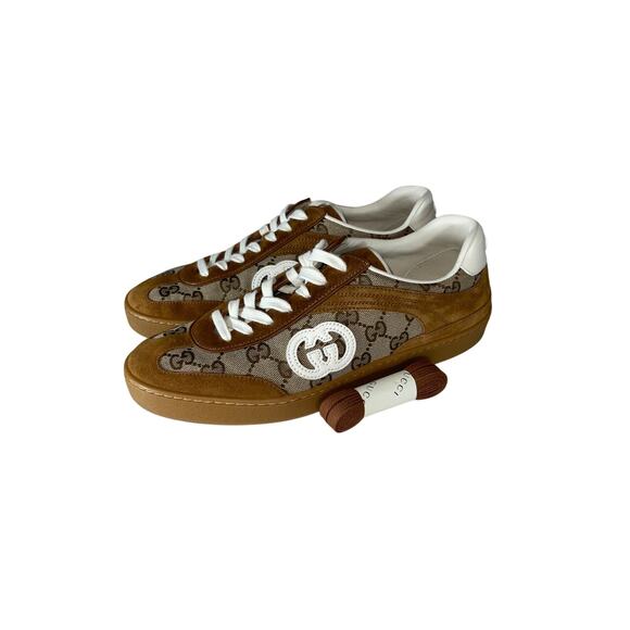 Gucci Tan Leather And Suede-Trimmed Coated Canvas-Jacquard Sneakers Size 42 - Picture 1 of 5